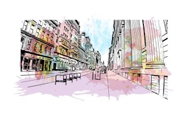 Print Building view of Glasgow, İskoçya 'nın Clyde Nehri üzerinde yer alan bir liman kentidir. Vektörde elle çizilmiş resim ile suluboya sıçraması.