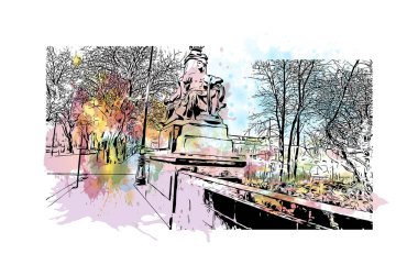 Print Building view of Glasgow, İskoçya 'nın Clyde Nehri üzerinde yer alan bir liman kentidir. Vektörde elle çizilmiş resim ile suluboya sıçraması.