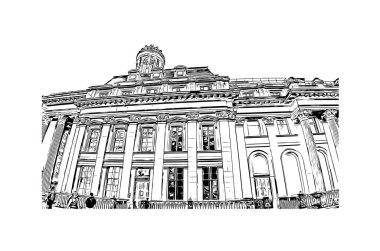 Print Building view of Glasgow, İskoçya 'nın Clyde Nehri üzerinde yer alan bir liman kentidir. Vektörde elle çizilmiş çizim çizimi.