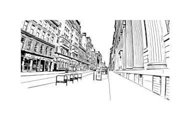 Print Building view of Glasgow, İskoçya 'nın Clyde Nehri üzerinde yer alan bir liman kentidir. Vektörde elle çizilmiş çizim çizimi.