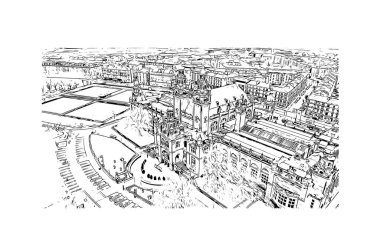 Print Building view of Glasgow, İskoçya 'nın Clyde Nehri üzerinde yer alan bir liman kentidir. Vektörde elle çizilmiş çizim çizimi.
