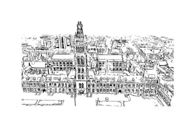 Print Building view of Glasgow, İskoçya 'nın Clyde Nehri üzerinde yer alan bir liman kentidir. Vektörde elle çizilmiş çizim çizimi.