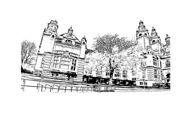 Print Building view of Glasgow, İskoçya 'nın Clyde Nehri üzerinde yer alan bir liman kentidir. Vektörde elle çizilmiş çizim çizimi.