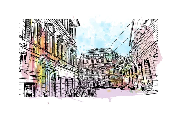 Print Building View Landmark Genoa Olaszország Városa Akvarell Splash Kézzel — Stock Vector
