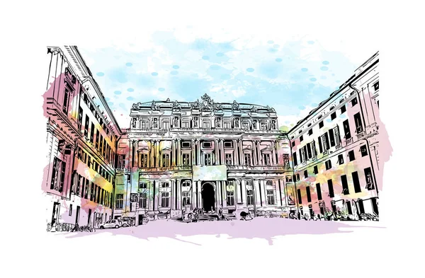 Print Building View Landmark Genoa Staden Italien Akvarell Stänk Med — Stock vektor