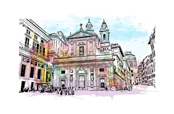 Imprimer Vue Bâtiment Avec Monument Gênes Est Ville Italie Aquarelle — Image vectorielle