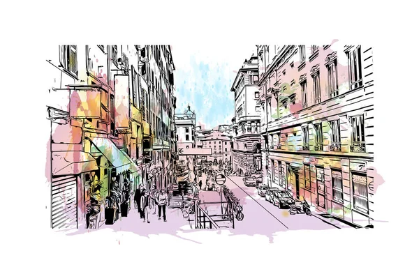 제노바의 랜드마크가 전망은 이탈리아의 도시이다 벡터에 손으로 스케치 수채화 물보라 — 스톡 벡터