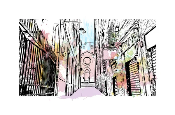 Print Building View Landmark Genoa Staden Italien Akvarell Stänk Med — Stock vektor
