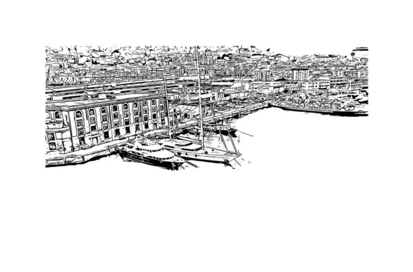Imprimer Vue Bâtiment Avec Monument Gênes Est Ville Italie Illustration — Image vectorielle