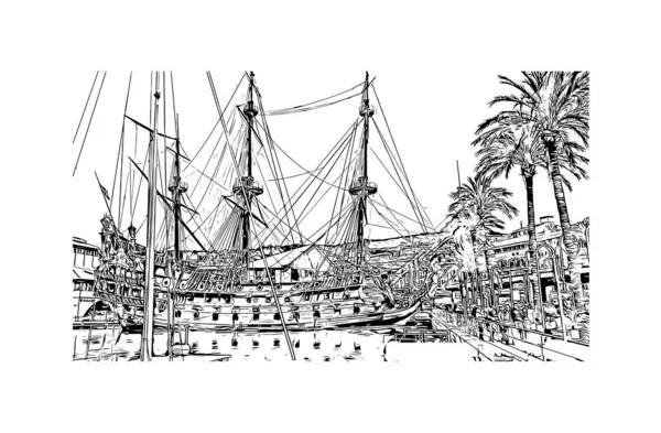 Print Building View Landmark Genoa City Italy Hand Drawn Sketch — Stock Vector