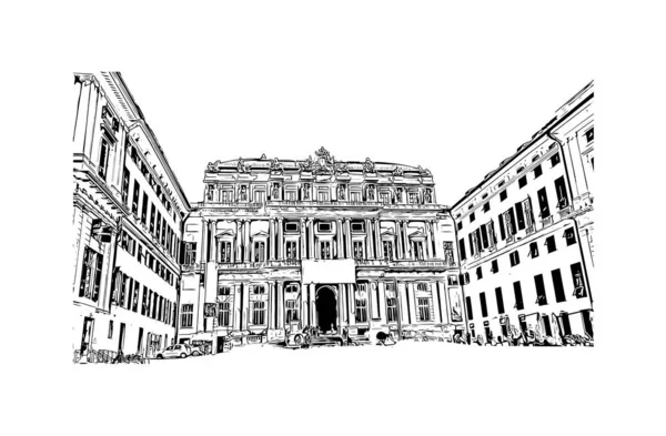 带有热那亚地标的印刷建筑景观是意大利的城市 矢量手绘草图 — 图库矢量图片