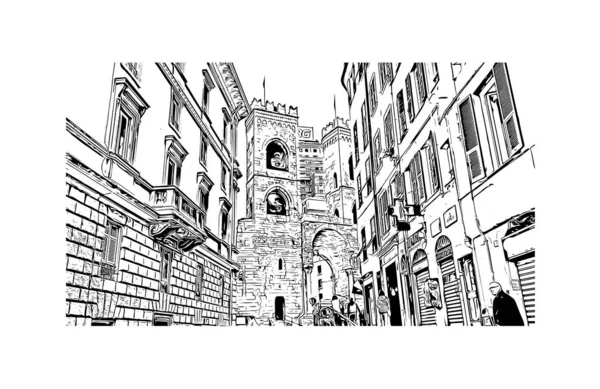 Imprimer Vue Bâtiment Avec Monument Gênes Est Ville Italie Illustration — Image vectorielle