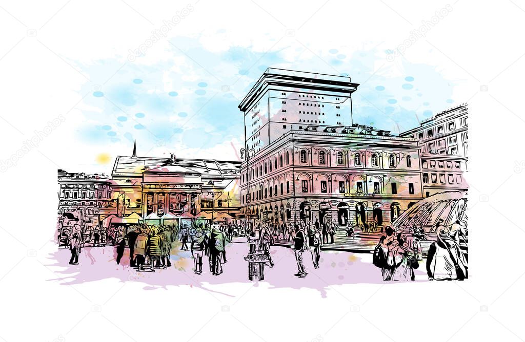 Print Building view with landmark of Genoa is the city in Italy. Watercolor splash with hand drawn sketch illustration in vector.