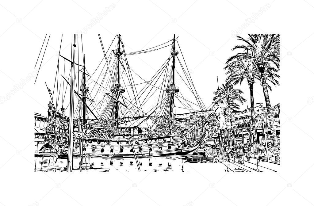 Print Building view with landmark of Genoa is the city in Italy. Hand drawn sketch illustration in vector.