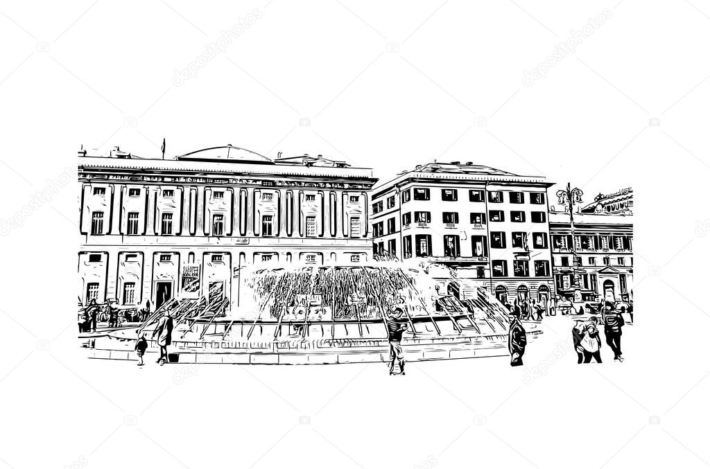 Print Building view with landmark of Genoa is the city in Italy. Hand drawn sketch illustration in vector.