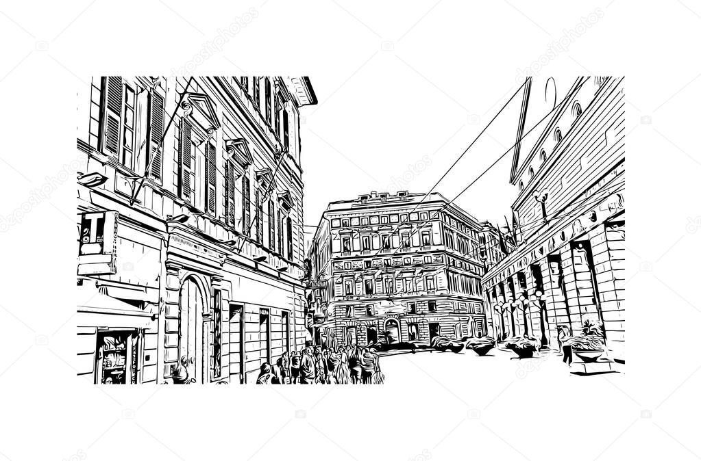 Print Building view with landmark of Genoa is the city in Italy. Hand drawn sketch illustration in vector.