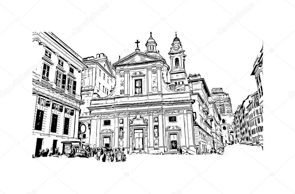 Print Building view with landmark of Genoa is the city in Italy. Hand drawn sketch illustration in vector.