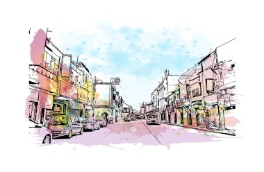 George Town 'un simgesi olan Print Building View Malezya' da bulunmaktadır. Vektör içinde el çizimi çizimi resimle suluboya sıçratma.