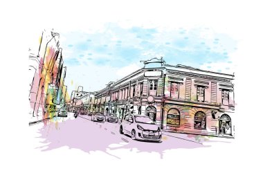 George Town 'un simgesi olan Print Building View Malezya' da bulunmaktadır. Vektör içinde el çizimi çizimi resimle suluboya sıçratma.