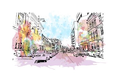 George Town 'un simgesi olan Print Building View Malezya' da bulunmaktadır. Vektör içinde el çizimi çizimi resimle suluboya sıçratma.