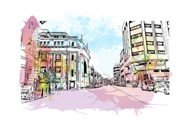 George Town 'un simgesi olan Print Building View Malezya' da bulunmaktadır. Vektör içinde el çizimi çizimi resimle suluboya sıçratma.