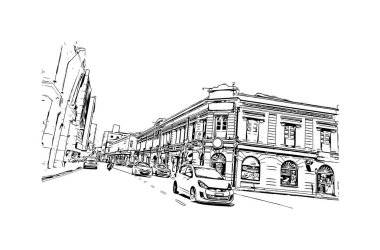 George Town 'un simgesi olan Print Building View Malezya' da bulunmaktadır. Vektör içinde el çizimi çizimi resimle suluboya sıçratma.