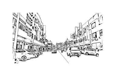 George Town 'un simgesi olan Print Building View Malezya' da bulunmaktadır. Vektör içinde el çizimi çizimi resimle suluboya sıçratma.