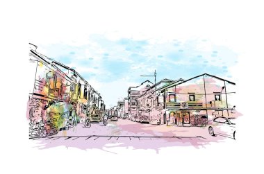 George Town 'un simgesi olan Print Building View Malezya' da bulunmaktadır. Vektör içinde el çizimi çizimi resimle suluboya sıçratma.