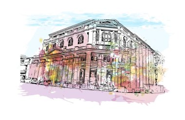George Town 'un simgesi olan Print Building View Malezya' da bulunmaktadır. Vektör içinde el çizimi çizimi resimle suluboya sıçratma.
