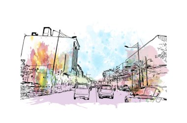 George Town 'un simgesi olan Print Building View Malezya' da bulunmaktadır. Vektör içinde el çizimi çizimi resimle suluboya sıçratma.