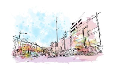 George Town 'un simgesi olan Print Building View Malezya' da bulunmaktadır. Vektör içinde el çizimi çizimi resimle suluboya sıçratma.