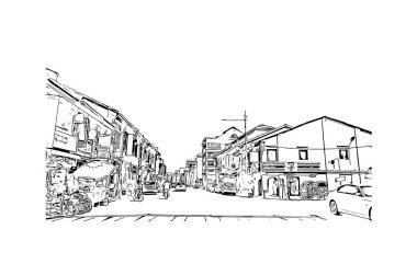 George Town 'un simgesi olan Print Building View Malezya' da bulunmaktadır. Vektörde elle çizilmiş çizim çizimi.