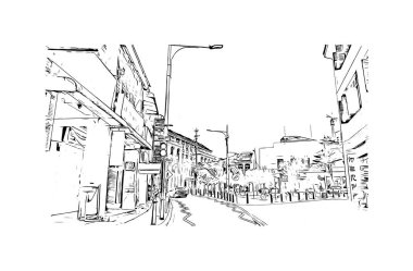 George Town 'un simgesi olan Print Building View Malezya' da bulunmaktadır. Vektörde elle çizilmiş çizim çizimi.