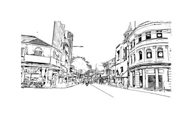 George Town 'un simgesi olan Print Building View Malezya' da bulunmaktadır. Vektörde elle çizilmiş çizim çizimi.