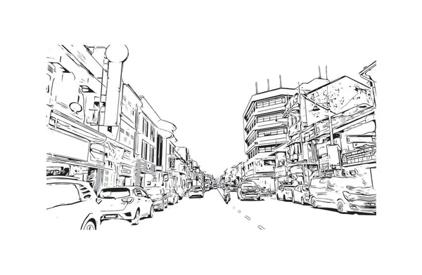 타운의 랜드마크가 말레이시아의 도시이다 벡터로 손으로 스케치 그림으로 코어를 튀기는 — 스톡 벡터