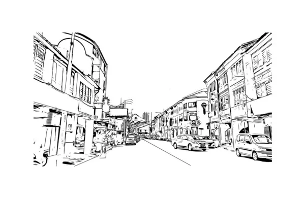 带有乔治城地标的印刷建筑景观是马来西亚的一个城市 矢量手绘草图 — 图库矢量图片