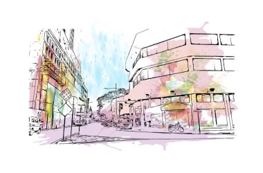 George Town 'un simgesi olan Print Building View Malezya' da bulunmaktadır. Vektörde elle çizilmiş resim ile suluboya sıçraması.