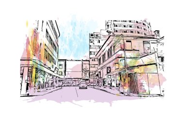 George Town 'un simgesi olan Print Building View Malezya' da bulunmaktadır. Vektörde elle çizilmiş resim ile suluboya sıçraması.