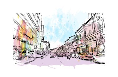 George Town 'un simgesi olan Print Building View Malezya' da bulunmaktadır. Vektörde elle çizilmiş resim ile suluboya sıçraması.