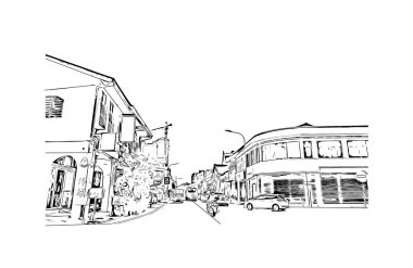 George Town 'un simgesi olan Print Building View Malezya' da bulunmaktadır. Vektörde elle çizilmiş çizim çizimi.