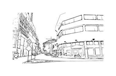 George Town 'un simgesi olan Print Building View Malezya' da bulunmaktadır. Vektörde elle çizilmiş çizim çizimi.