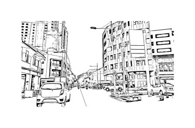 George Town 'un simgesi olan Print Building View Malezya' da bulunmaktadır. Vektörde elle çizilmiş çizim çizimi.