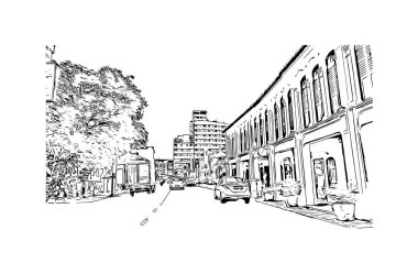 George Town 'un simgesi olan Print Building View Malezya' da bulunmaktadır. Vektörde elle çizilmiş çizim çizimi.
