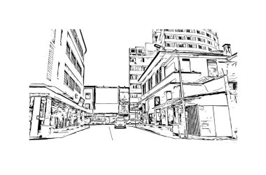George Town 'un simgesi olan Print Building View Malezya' da bulunmaktadır. Vektörde elle çizilmiş çizim çizimi.