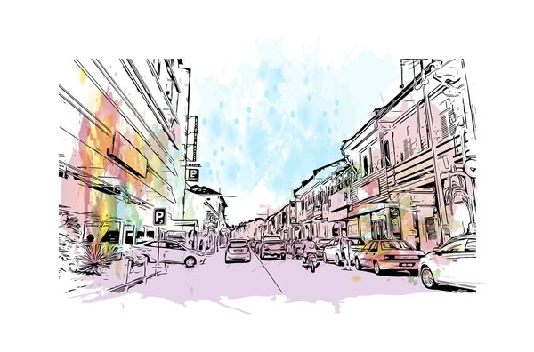 타운의 랜드마크가 말레이시아의 도시이다 벡터에 손으로 스케치 수채화 물보라 — 스톡 벡터