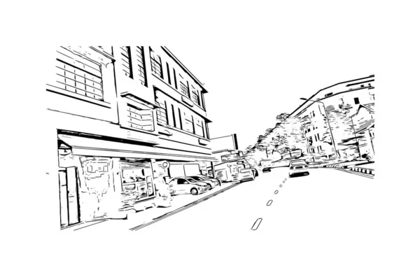 带有乔治城地标的印刷建筑景观是马来西亚的一个城市 矢量手绘草图 — 图库矢量图片