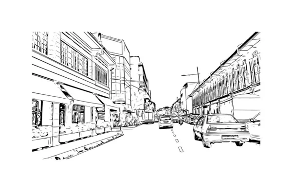 Imprimir Vista Del Edificio Con Hito George Town Ciudad Malasia — Archivo Imágenes Vectoriales