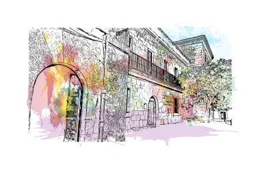 Print Building view with landmark of Gijon Kuzey İspanya 'da büyük bir kıyı kentidir. Vektörde elle çizilmiş resim ile suluboya sıçraması.