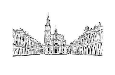 Print Building view with landmark of Gijon Kuzey İspanya 'da büyük bir kıyı kentidir. Vektörde elle çizilmiş çizim çizimi.