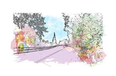 Print Building view with landmark of Imperia is the city in Italy. Vektörde elle çizilmiş resim ile suluboya sıçraması.